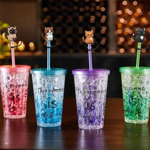 Miniatura 6 de 6 piezas de cubierta de pajita de silicona, popotes reutilizables, toppers para beber, cubiertas lindas, tapa de pajita de gato para topper Stanley