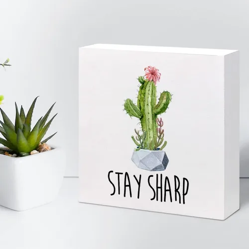 Miniatura 5 de z-crange Letrero inspirador de madera con texto en inglés "Stay Sharp", caja de madera motivacional para el hogar, granja, oficina, dormitorio