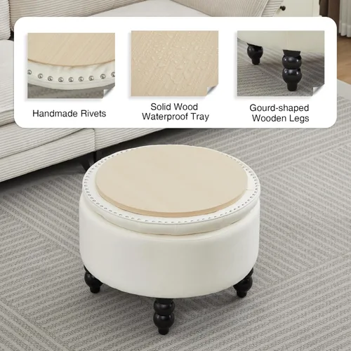 Miniatura 4 de Otomana redonda de tela de 24 pulgadas con almacenamiento, moderna mesa de centro otomana tapizada con botones capitoné con tapa de bandeja