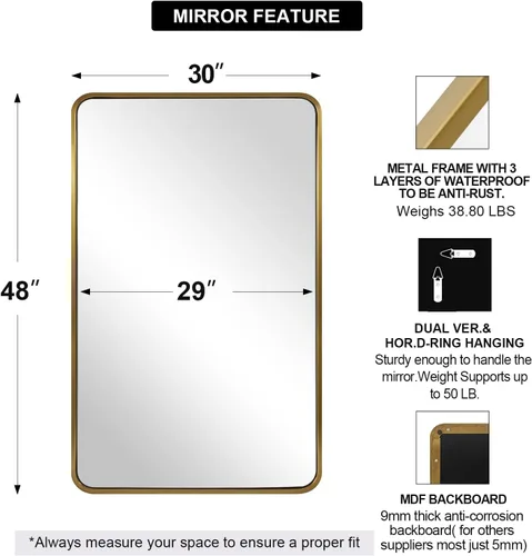 Miniatura 2 de ANDY STAR Espejo de baño dorado cepillado de 48 x 30 pulgadas, espejo de tocador de baño de latón redondeado, SUS304, espejo de marco de metal
