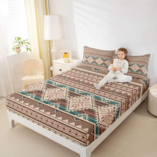 Miniatura 6 de Juego de ropa de cama occidental tamaño individual, sábanas aztecas, estilo nórdico exótico, bohemio, sábana bajera ajustable de tribu india