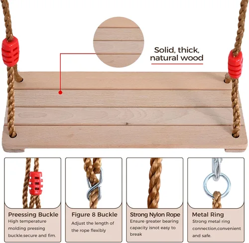 Miniatura 4 de Asiento de columpio de madera de haya maciza, juego de columpio de cuerda ajustable de 16.4 x 7.5 x 0.6 pulgadas, silla colgante resistente
