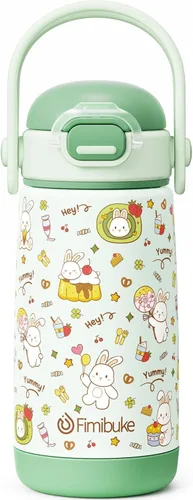 Miniatura 10 de Fimibuke Botella de agua aislada para niños con tapa con pajita y asa - 14 onzas, sin BPA, acero inoxidable 18/8, recipiente de metal, a prueba