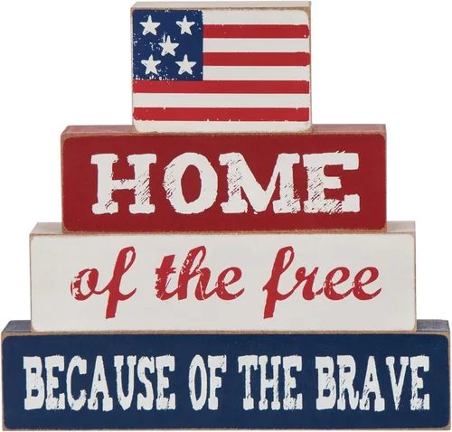 Miniatura 5 de Glitzhome Bandera estadounidense de 8 pulgadas de alto, decoración patriótica del hogar de los libres por el valor de madera para el 4 de julio, Día