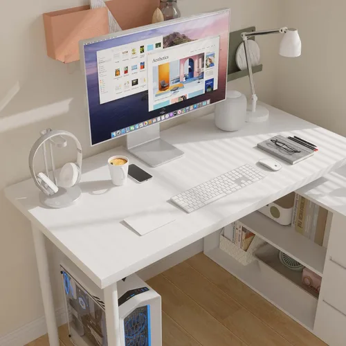 Miniatura 5 de Bobve - Escritorio en forma de L para computadora de 47 pulgadas, escritorio de oficina en casa con cajones para archivos y estantes de Blanco