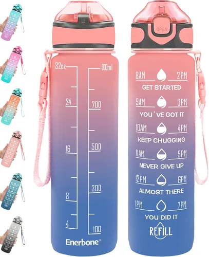 Miniatura 18 de Enerbone Botella de agua potable de 32 oz con tiempos para beber y popote, motivacional con correa para llevar, a prueba de fugas, sin BPA ni