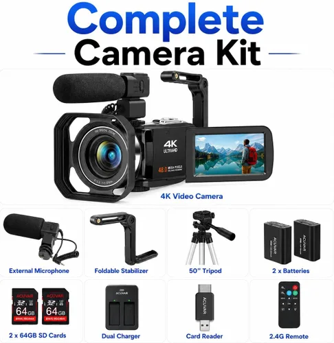 Miniatura 3 de Acuvar Videocámara 4K 60FPS 48MP con WiFi, zoom 18X, pantalla abatible, micrófono externo, estabilizador y trípode, kit de cámara de vlogging con 2