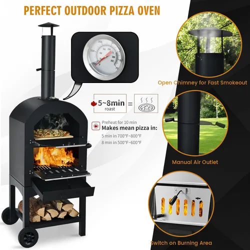 Miniatura 7 de Happygrill Horno de pizza para exteriores de leña, pizzero portátil con parrilla y piedra, rejillas de cocción, termómetro incorporado, cubierta