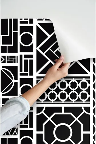 Miniatura 3 de Spoonflower Pelar y pegar muestra de papel tapiz - Enrejado Negro Círculos Blancos Graffiti Chinoiserie Palm Beach China Papel pintado extraíble