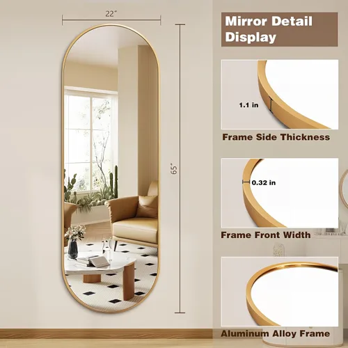 Miniatura 2 de Niccy Espejos de longitud completa arqueados sin marco de 65 x 24 pulgadas, espejo largo montado en la pared para sala de estar, espejo grande