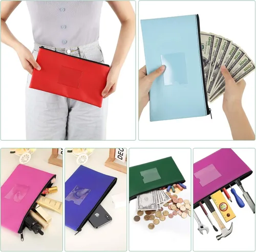 Miniatura 3 de Paquete de 4 bolsas de dinero para depósito bancario, cartera de cuero sintético resistente con cremallera con ventana transparente, bolsa