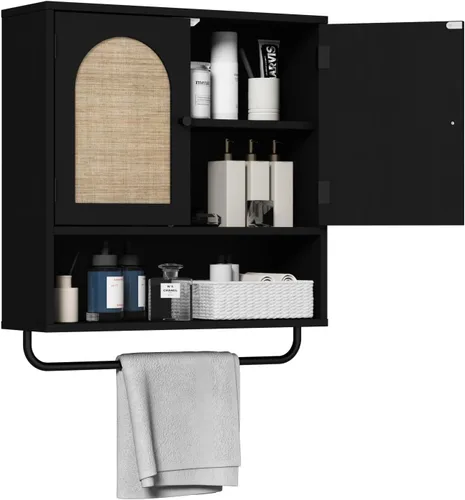 Miniatura 9 de RUSTOWN Gabinete de pared de ratán para baño, gabinete de medicina Boho con 2 puertas arqueadas, gabinetes de almacenamiento sobre el inodoro