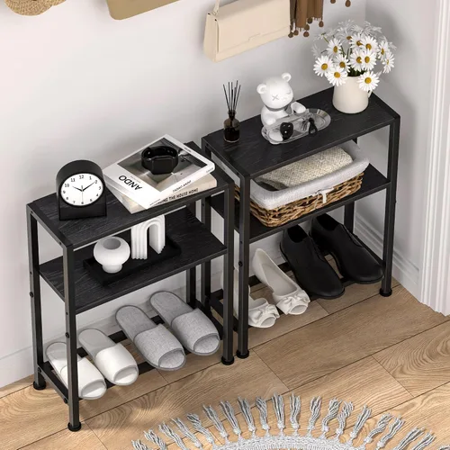 Miniatura 6 de Mesa auxiliar estrecha para espacios pequeños, mesa auxiliar pequeña de 2 niveles con soporte para estantes, mesita de noche delgada, mesa de sofá