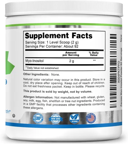 Miniatura 9 de Zazzee Myo-inositol en polvo, suministro para 3 meses, 92 porciones, 2000 mg por porción, cuchara gratis para dosis exacta, 6.49 onzas, certificado