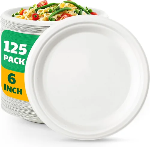 Miniatura 9 de Biodegradable Bagasse - 125 platos de papel compostables, platos desechables resistentes de 6 pulgadas, platos de postre a granel para fiestas
