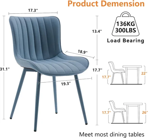 Miniatura 2 de YOUNUOKE Mid-Century - Juego de 2 sillas de comedor modernas tapizadas de piel sintética azul con patas de metal azul, silla decorativa sin brazos