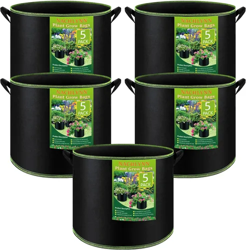 Nachlynn - Paquete de 5 bolsas de cultivo de 57 lt de tela no tejida engrosada, macetas de tela de aireación resistente con asas para plantas de