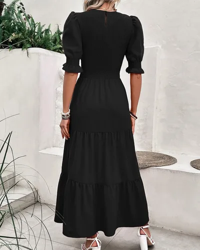 Miniatura 42 de BTFBM Vestidos para mujer, cuello redondo, casual, de verano, con volantes, manga corta, bohemio, con niveles, fruncido, largo, con estampado floral