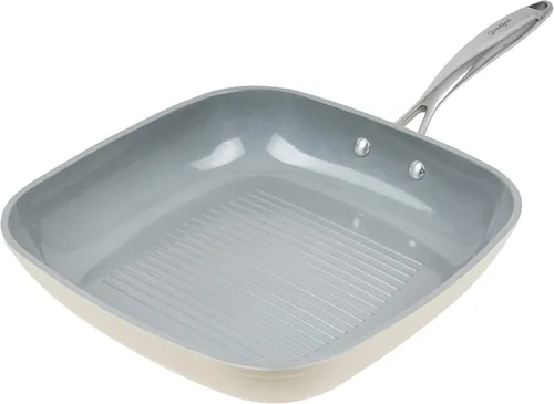 Goodful Sartén antiadherente de cerámica de 11 pulgadas, ollas y sartenes aptas para lavavajillas, mango de acero inoxidable de agarre cómodo, Crema