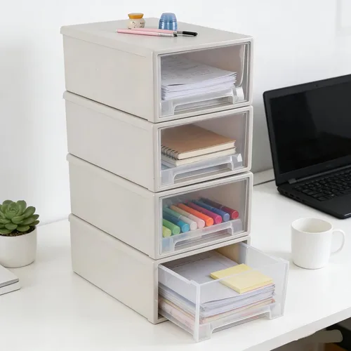 Miniatura 6 de Xyskin Paquete de 4 cajones apilables compactos de plástico de 12 cuartos de galón, caja apilable de almacenamiento de escritorio