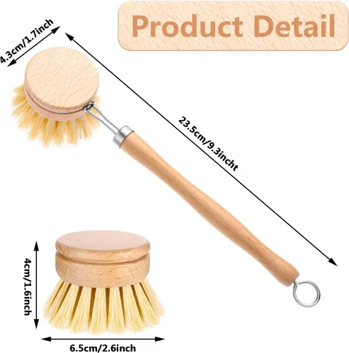 Miniatura 2 de Boao Paquete de 3 cepillos para platos con mango de madera de haya con cabezales de repuesto, cepillo de madera natural para lavar y limpiar ollas