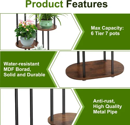 Miniatura 7 de Soporte para plantas de interior – Soporte para plantas de 6 niveles para 7 macetas, estante para plantas de flores, estante grande de madera