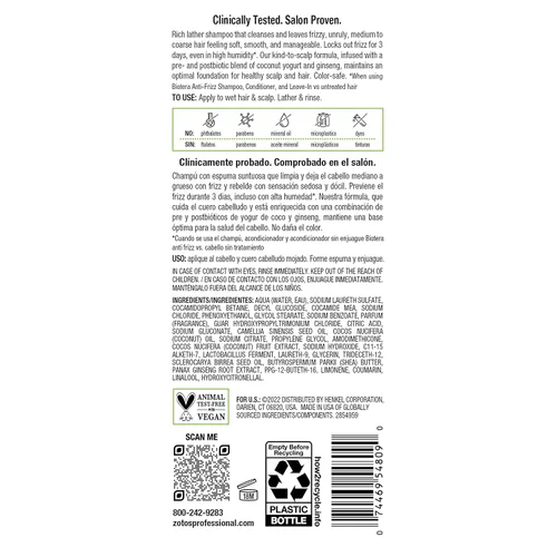 Miniatura 8 de Biotera Anti Frizz Smoothing Shampoo Smooths & Controls Frizzy, Unruly Hair Microbiome Friendly Vegan & Animal Test Free Paraben Free