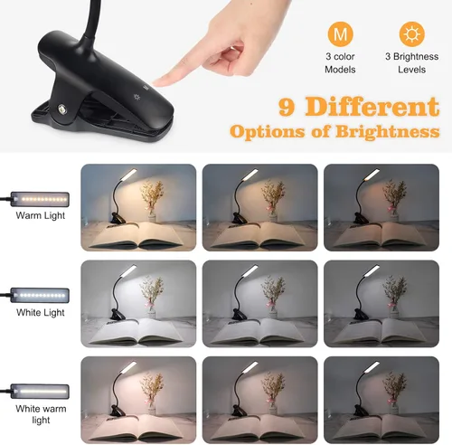 Miniatura 4 de Luz de Lectura LED con Clip Recargable USB Luces para Libros, 24 LEDs Lámpara de Cama Nocturna de Cuello Flexible, Control Táctil Lámparas de Negro