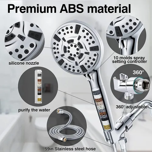 Miniatura 5 de Moderno cabezal de ducha de acero inoxidable de 9 ajustes con mano, cabezal de ducha grande de 5 pulgadas y manguera de 60 pulgadas, 8 modos