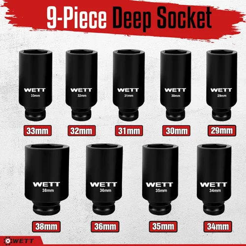 Miniatura 2 de WETT Juego de 9 llaves de vaso de impacto profundo de 1/2 pulgada, 6 puntas, CR-MO, 29-38 mm