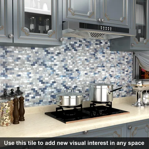 Miniatura 4 de BeNice Azulejos para salpicaduras de cocina, despegar y pegar, azulejos de metal para pared de baño, azulejos de pared de baño, color azul (10 hojas)
