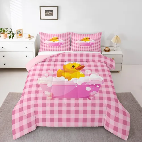 Miniatura 42 de Erosebridal Juego de ropa de cama a cuadros azul para niños, juego de cama individual con diseño de patos amarillos de dibujos animados, juego