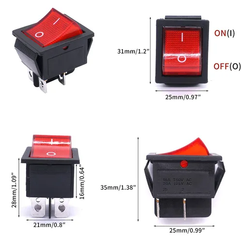Miniatura 2 de Taiss 5 interruptores basculantes DPST ON/OFF de 4 pines 2 posiciones 16A 250VAC/20A 125VAC con luz roja iluminada interruptor de palanca basculante