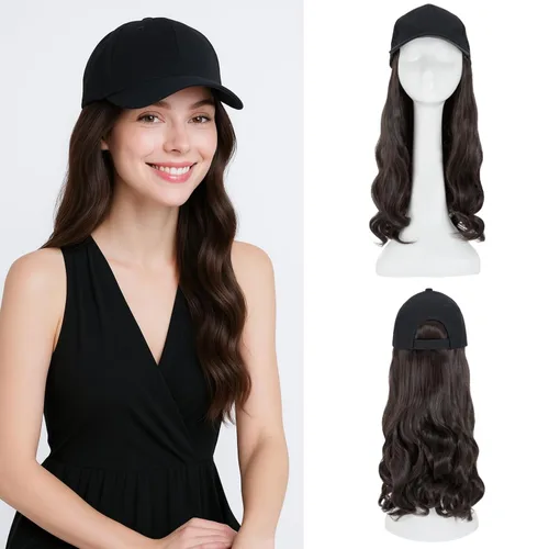 Miniatura 17 de SEGO - Peluca de gorra con pelo adjunto para mujer, gorra negra de béisbol con extensiones de pelo, gorra de béisbol larga y ondulada con ajuste