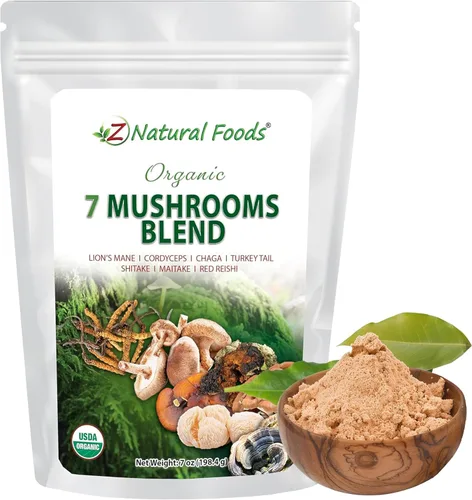 Z Natural Foods Mezcla orgánica de 7 hongos sagrados, polvo de hongos, melena de león, cordyceps, chaga, reishi rojo, shiitake, maitake y extracto