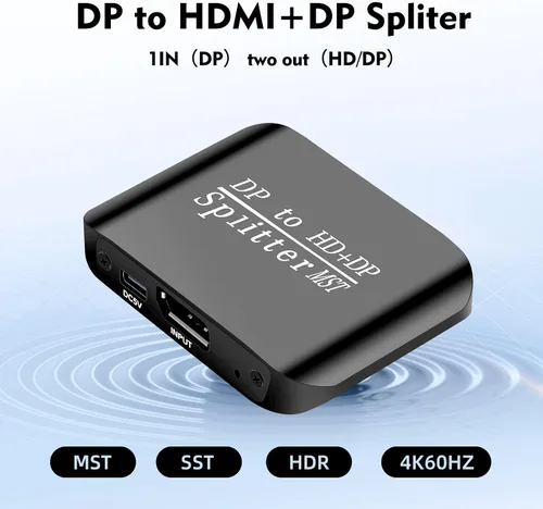 Miniatura 6 de ACHAVE Divisor DisplayPort a HDMI y DisplayPort, concentrador MST 4K, metal negro, adaptador de 1 entrada y 2 salidas, convertidor de señal de video
