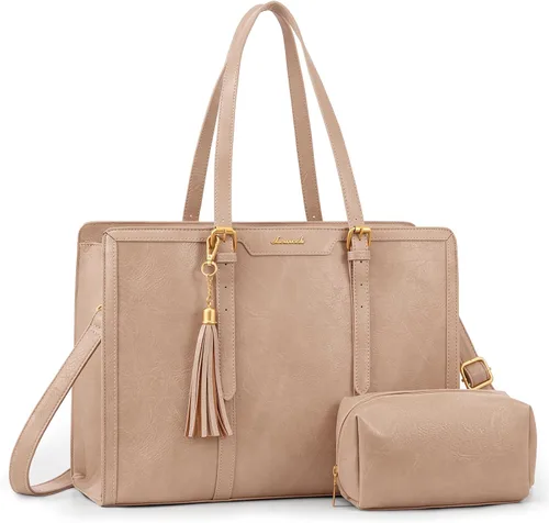 Miniatura 17 de LOVEVOOK Bolsa de mano para laptop para mujer, bolsa de trabajo vintage de 15.6 pulgadas con embrague, bolso grande de cuero para laptop con soporte