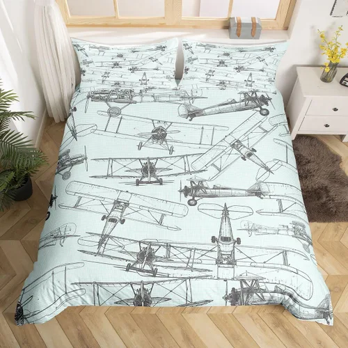 Miniatura 11 de Feelyou Juego de ropa de cama de avión, tamaño individual, para niños, adolescentes, funda de edredón para vuelo, helicóptero, avión volador, azul