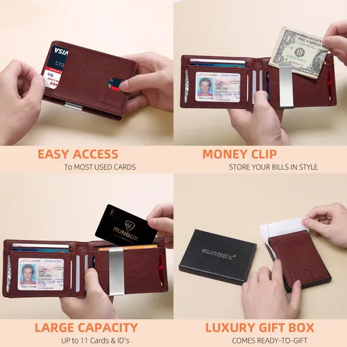 Miniatura 189 de RUNBOX - Carteras delgadas para hombre, cartera de piel con pinza para el dinero, cartera de bolsillo frontal con bloqueo RFID, tarjetero