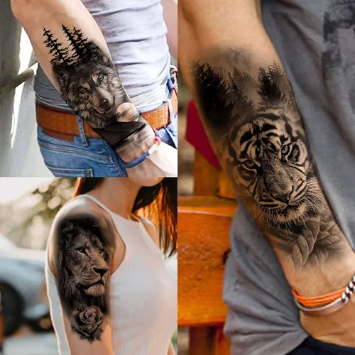 Miniatura 2 de COKTAK 64 hojas grandes de tatuajes temporales de brazo negro para hombres, antebrazo, mujeres, muslo, media manga, animales, león, tigre, lobo