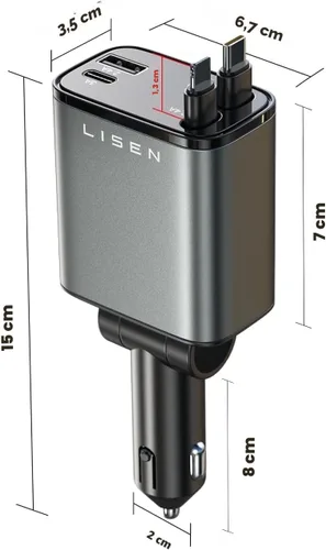 Miniatura 7 de LISEN - Cargador retráctil para automóvil, adaptador de cargador de automóvil USB C de 69 W, carga rápida para iPhone 16, 15, 14, 13, 12, Samsung