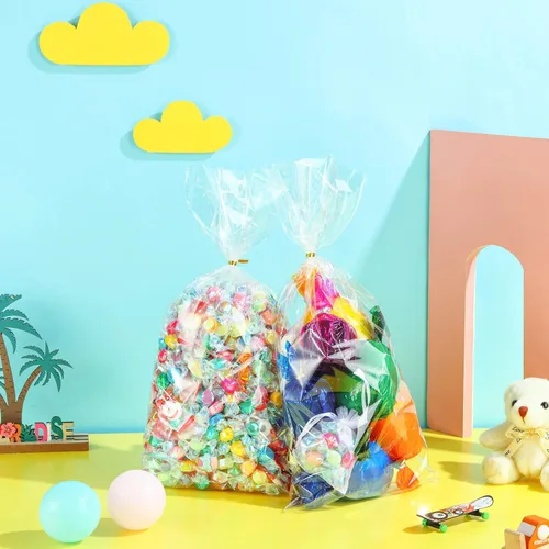 Miniatura 4 de Gersoniel Juego de 2 bolsas de celofán de 8 x 16 pulgadas, bolsas de regalo de celofán transparente de plástico con 200 piezas de giros dorados