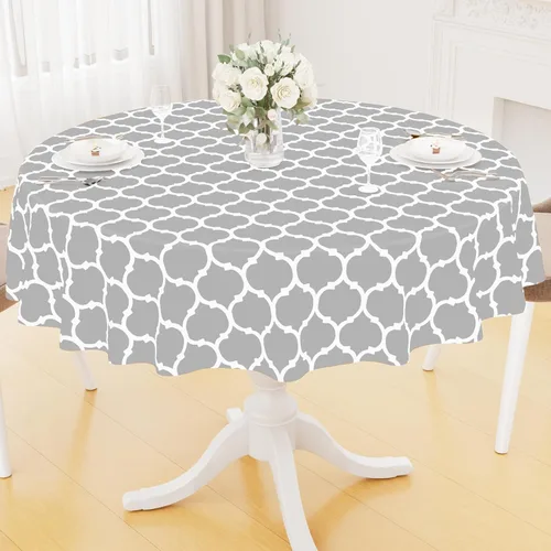 Miniatura 32 de Smiry Mantel redondo de plástico para mesa, mantel de vinilo impermeable con parte trasera de franela para mesas redondas, lavable y a prueba