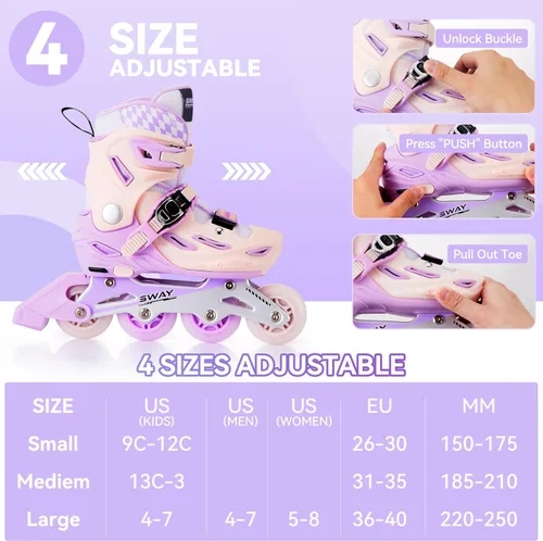 Miniatura 2 de SWAY Patines en línea ajustables en 4 tallas para niñas y niños, todas las ruedas se iluminan, patines en línea para exteriores para niños y jóvenes