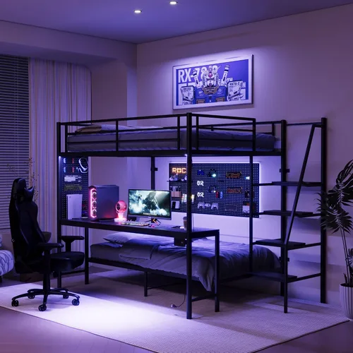 Miniatura 4 de KEIKI Litera Full sobre Twin con Estación de Carga, Cama Alta de Metal con Escritorio & Protector de Seguridad & Escaleras, Marco de Cama de Metal