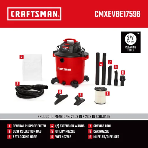 Miniatura 3 de CRAFTSMAN CMXEVBE17596 - Aspiradora húmeda y seca de 20 galones, 6.5 HP de potencia máxima, aspiradora de taller de servicio pesado húmeda y seca