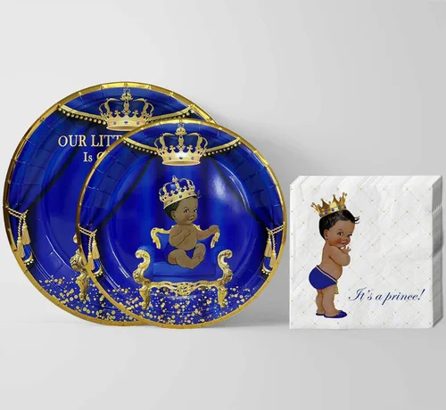 Miniatura 4 de Servilletas con platos para fiesta de baby shower, con diseño de "Nuestro Principito está en camino" para 24 invitados, vajilla desechable azul real