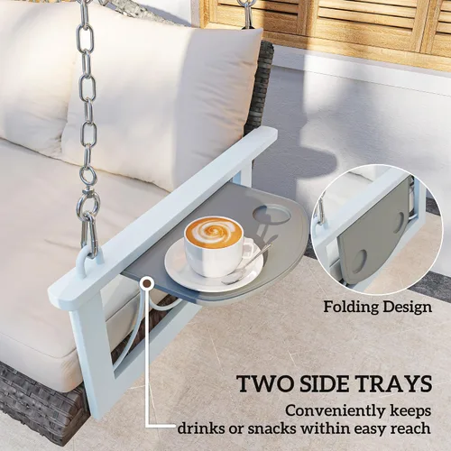 Miniatura 6 de Outsunny Silla columpio de mimbre para 3 personas, resistente, 800 libras con soporte para tazas, 57 pulgadas, ratán al aire libre, banco colgante