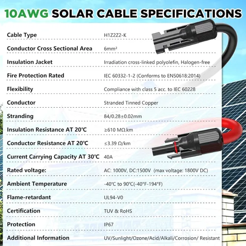 Miniatura 9 de Oududianzi Cable de extensión solar de 40 pies, cable solar de 10 AWG, cable fotovoltaico de cobre estañado calibre 10, cables y conectores