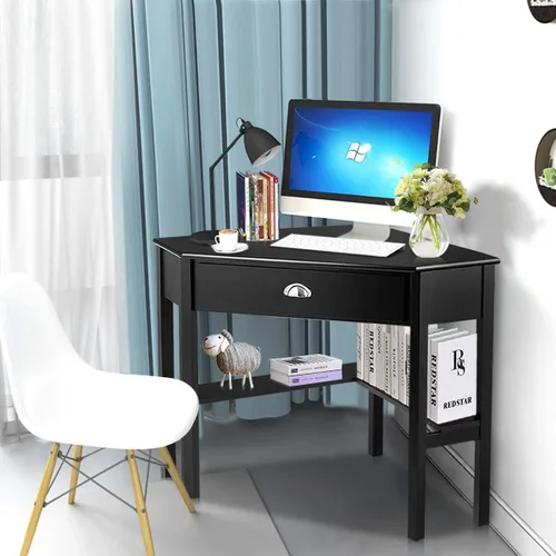 Miniatura 5 de RELAX4LIFE Escritorio esquinero para computadora triangular con cajón y estantes, mesa estable para computadora portátil, escritorio para oficina